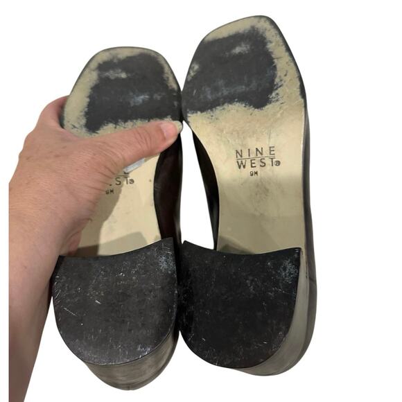 Y2K Nine West Brown Leather 90s Minimalist Leather Heeled Loafers Gold Detail 9 - Picture 9 of 10